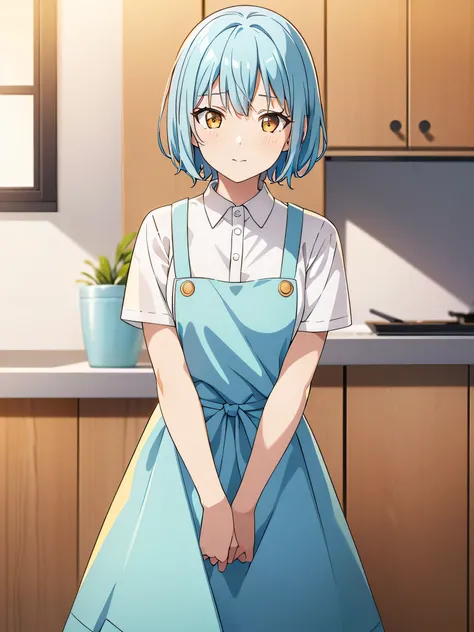 1 girl, short sky blue hair, have bang, golden yellow eyes, soft smile, pink cheeks, white skin, looking at viewer, small breast, white shirt, wear apron in front, shadow lighting, indoors, in the kitchen, (masterpiece, best quality, beautiful detailed eye...