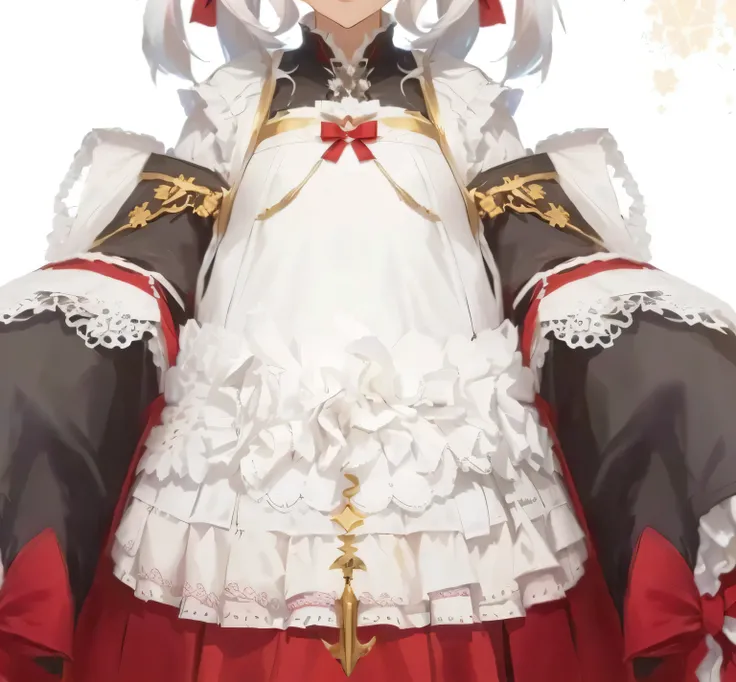 anime girl in a white dress with a red bow and a red dress, from arknights, azur lane style, ornate attire, loli, , from the azur lane videogame, lunar themed attire, maid outfit, twintails white_gloves,  in dress, characters from azur lane, frill, white a...