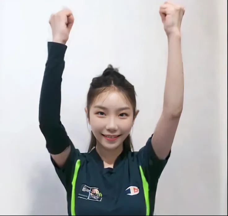 arafed woman in a blue shirt holding up her arms, with arms up, pose(arms up + happy), arms extended, 2 arms, elongated arms, 2 arms and 2 legs!, 2 arms and 2 legs, jiyun chae, lee ji - eun, hands up, lee ji-eun, shin min jeong, jung gi kim, fighting pose