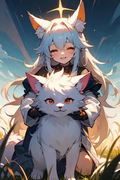 work、cover、「I was reincarnated in another world, so I&#39;m going to be invincible with the holy beasts」No character（telop）、Fluffy characters、Fenrir、Phoenix、grassland、Beautiful girl、beautiful、cute、smile、stroking