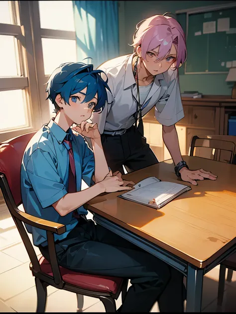 cartoon of two boys sitting at a table with a book and a backpack, ddlc, in the art style of 8 0 s anime, 9 0 s anime style, 90s anime style, in anime style, in an anime style, anime aesthetic, anime vibes, 9 0 s anime aesthetic, 9 0 s anime art style, lof...