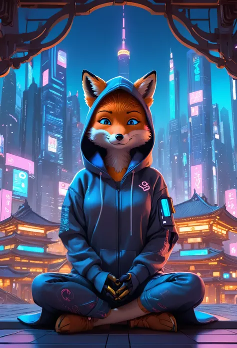 (Cute cartoon, CuteCartoonAF. | A masterpiece in maximum resolution 16K. | (cute cartoon style). | front view (solo adorable fox cyberpunk citizen) (meditating in a spacious Japanese pavilion), (wear a fashionable hoodie), ((mechanical cyberpunk)). | (((so...