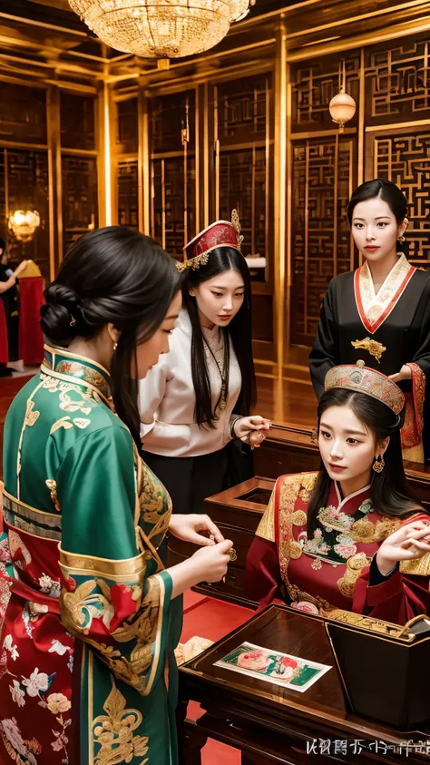 A scene depicting the strict selection process for palace ladies, showing a group of exceptionally beautiful and talented women being examined by court officials in a luxurious palace room, adorned with traditional Chinese art.