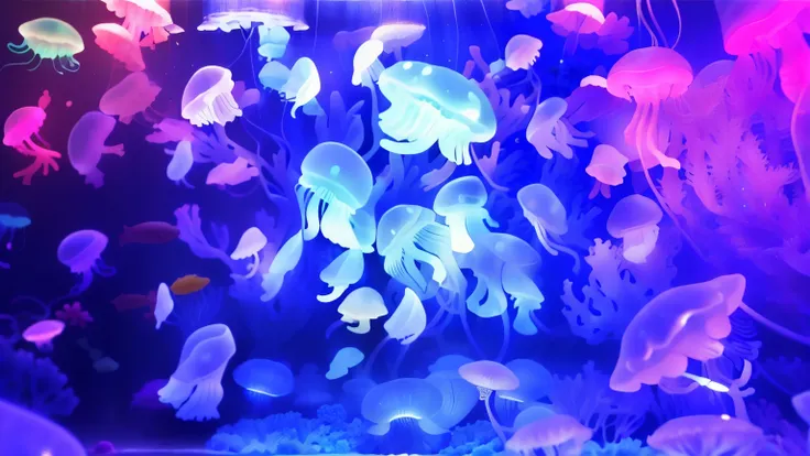 jellyfishs are glowing in a tank with a blue light, jellyfishes, translucent glowing jellyfish, jellyfishes, glowing jellyfish, jelly glow, jellyfish dancing, hamburger mix jellyfish, jellyfish, neon jellyfish, blue jellyfish, bioluminescent jellyfish, tra...