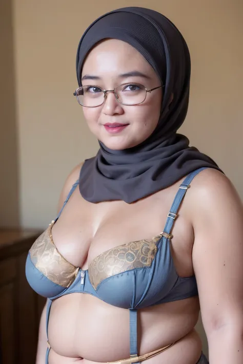 ((CHUBBY:1.4)), ((HAPPY SMILE)), ((SUSPENDER)), SPECTACLES, (Wearing Bra Lingerie), (((HIJAB MALAY GIRL))), masutepiece, High quality, UHD 32K, Realistic face, Realistic skin feeling , A Malay Lady, 68 years old, , Very cute and baby-like face, (((FLAT CHE...