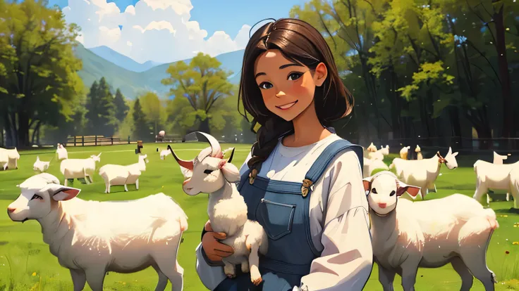 A girl in overalls holds a herd of baby goats, Girl and a goat, Wearing peasant clothes, Medium Portrait，girl smiling