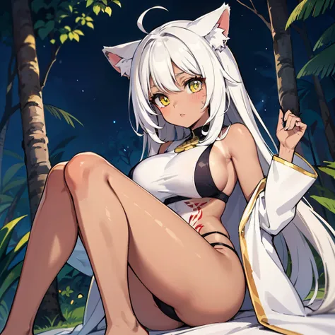 1 young adult girl, has long white hair, black stripes on hair, golden colored cat eyes, kuudere, big breasts, tanned skin, white colored ceremonial body tattoos, a white Sleeveless robe, tiger ears, no human ears, two white fluffy long cat tails on her, b...