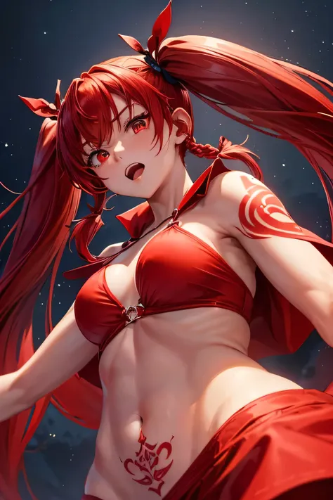 (Cape)、(Raise your right hand)、(Open your mouth)、(((Red tattoo)))、（((Red Bikini)))、Beauty、(((Red hair twintails)))、((whole body))、(((Photo taken from below)))、Night Sky、The background is a night forest