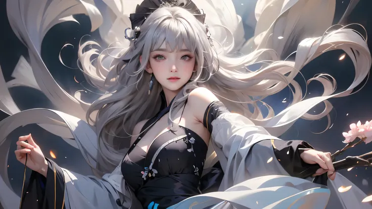 super high quality, masterpiece, Perfect illustration, Extremely detailed (Exquisite light and shadow, A very dramatic picture,Backlight) , ((Gray Hair:1.5))1 girl, alone, (Wearing Han clothes, Black and white Hanfu,monotone,Long sleeves) Flower Field, Flo...