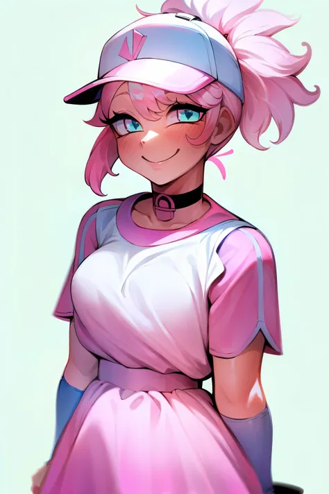 (masterpiece:1.2, best quality), ((white background:1.2)), 1girl, light pink hair, ponytail, pink dress, choker, baseball cap, smile