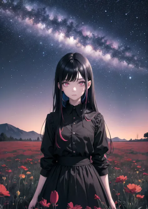 very colorful girl, dark dangerous backgrounds, masterpiece, best quality, 1 girl, black hair, standing, field of withered flowers, arms behind back, night, starry sky, piercing eyes.