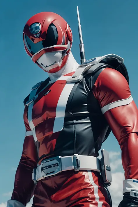 1 man in the SPD power ranger suit,  red ranger