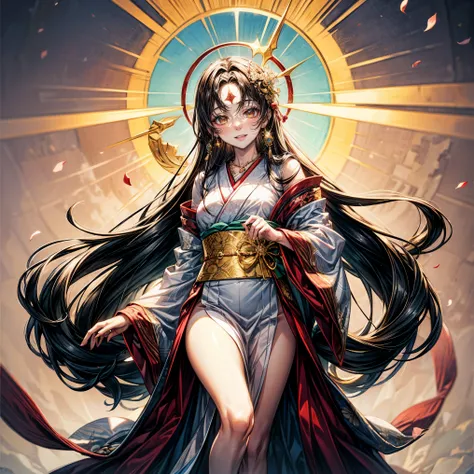 masterpiece,highest quality,Ultra high definition, Amaterasu, Japanese mythology, sun goddess, noble woman, Amaterasu, shining attire, sacred atmosphere, Ama-no-Iwato, beautiful nature, divine light, white and red kimono, long, black straight hair, （light ...