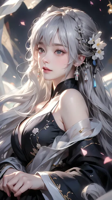 super high quality, masterpiece, Perfect illustration, Extremely detailed (Exquisite light and shadow, A very dramatic picture,Backlight) , ((Gray Hair:1.5))1 girl, alone, (Wearing Han clothes, Black and white Hanfu,monotone,Long sleeves) Flower Field, Flo...