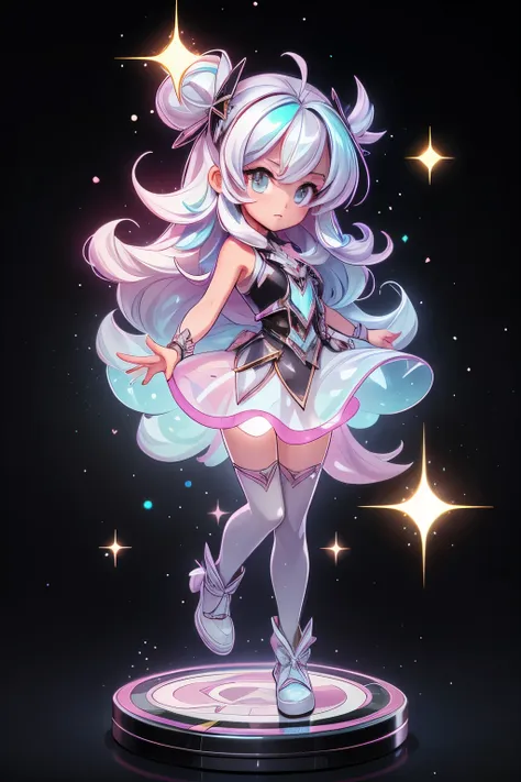 A high-quality hologram trading card depicting an anime-style girl, with glitter, mother-of-pearl, and a black background around the card, clear coloring, and colorful