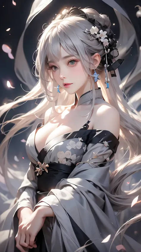 super high quality, masterpiece, Perfect illustration, Extremely detailed (Exquisite light and shadow, A very dramatic picture,Backlight) , ((Gray Hair:1.5))1 girl, alone, (Wearing Han clothes, Black and white Hanfu,monotone,Long sleeves) Flower Field, Flo...