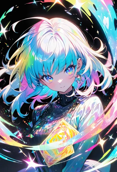 a high-quality hologram card depicting an anime-style girl, with glitter, mother-of-pearl, and a black background around the car...