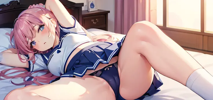 (Best Quality:1.3)、1girl asia、a miniskirt、Cinderella、Cute anime illustration、,wearing cheerleading uniform,spreading her legs,showing detailed panties,race panties,focus panties,front view,dynamic angle,pov,cowgirl position,sexual position,having sex,in ho...