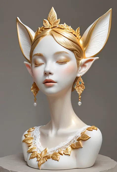 Beautifully decorated,Artistic ornaments,crafts,3D Sculpture,White clay statue,Rough surface,Graininess,grace,Elf ears,White lace trim:1.37,Artistic beauty,Tracing gold,Gold,Golden powder,Artistic Creativity:1.37