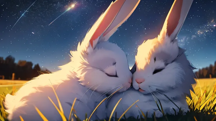 on the farm，night，Starry Sky，Sleeping rabbits of various fur colors，Rabbit with eyes closed，Close shot