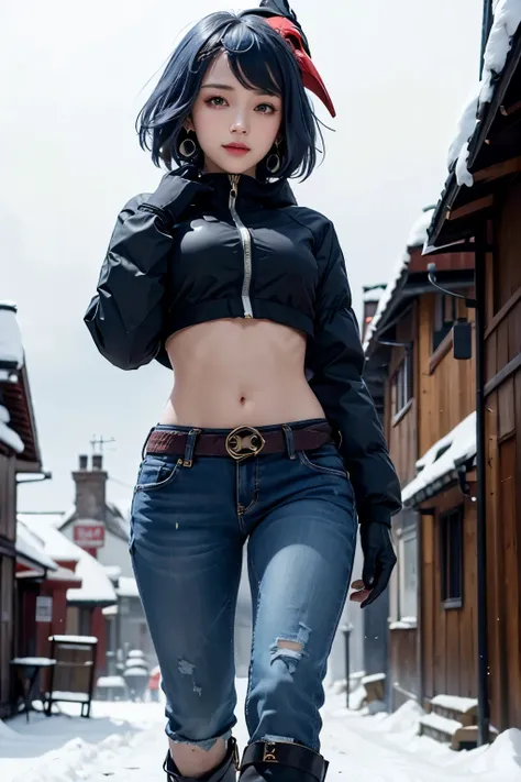 1girl, (long sleeved crop puffer parka, long jeans, big earrings, iron belt, boots), ((midriff, navel)), snowy town, looking at ...