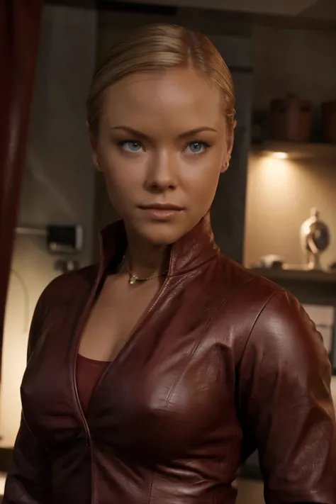 as Kristanna Loken T-X, Kristann Loken head, ultra-detailed, realistic, realistic face, perfect face, perfect nose, detailed hair, blond collected office hairstyle, detailed eyes, (best quality), in bedroom, masterpiece, ultra-detailed, uhd, high resolutio...