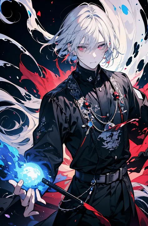 A painting that represents the magical essence of your world, Gray-haired, Mysterious black spots on neck、Red-eyed hero bathed in a waterfall of magical energy, Glowing particles fly around him.、Mysterious symbols appear in the air