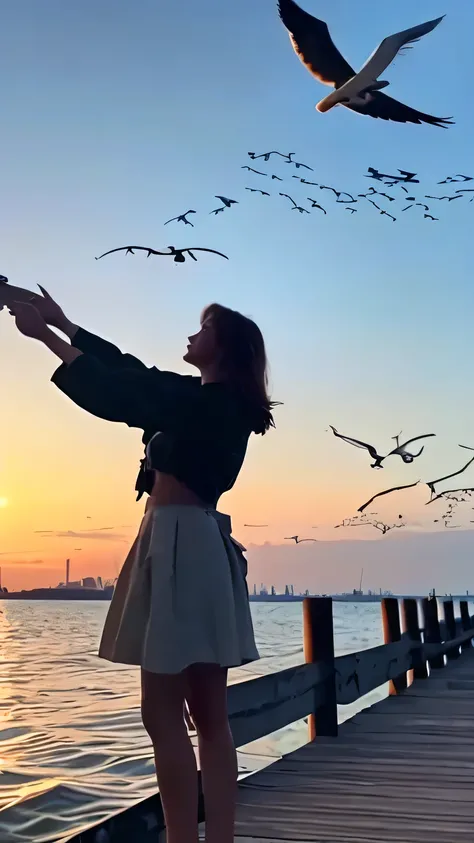 A woman standing on the pier，There are birds flying around, hands stretched out to her, Flying around the bird, Tik Tok Video, The most beautiful scene, Spread your wings, Birds fly away, holding electricity and birds, her hands on her waist, Low quality v...