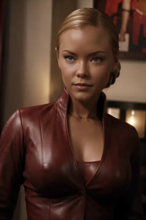 as Kristanna Loken T-X, Kristann Loken head, ultra-detailed, realistic, realistic face, perfect face, perfect nose, detailed hair, blond collected office hairstyle, detailed eyes, (best quality), in bedroom, masterpiece, ultra-detailed, uhd, high resolutio...