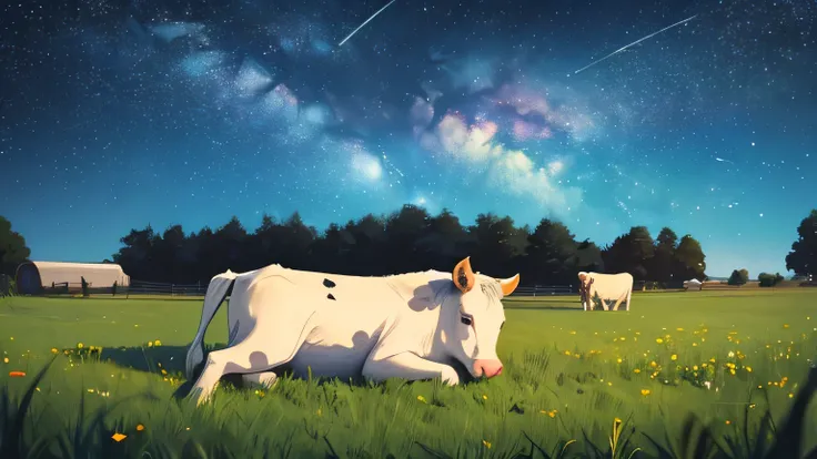 farm，Starry Sky，Cow lying down，sleeping cows，Medium close-up