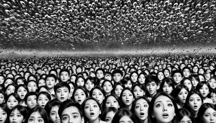 black and white photo, a lot of eyes floating in the air