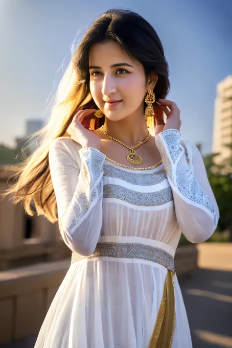 Wear bandhani anarkali dress standing, gorgeous royal, ((Katrina kaif:1.2)), jewellery, gem, necklace, gold bracelet, anklets, thick lips, skindentation, parted lips, ulzzang-6500-v1.1, portrait of a beautiful Indian woman, From Golden Skin, 27 years old, ...