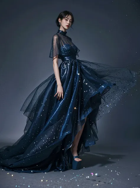 Dior Editorial-style, A woman wearing Dark blue  옷 is standing, wearing Dark blue 옷, 오간자 가운과 Dark blue  볼룸 가운 착용, Dark blue  옷,Dark blue 양복을 입고, Stylish Editorial Photography, official valentino editorial, translucent dress, Subtle and dreamy, 파스텔톤의Dark bl...