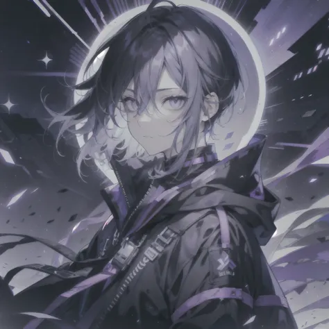 1 A man with gray hair, sparkling purple eyes, and a sad expression ,Long white eyelashes, short hair, Wearing a black hoodie, Very high tech futuristic city black and purple theme for background, Hair blowing in the wind,