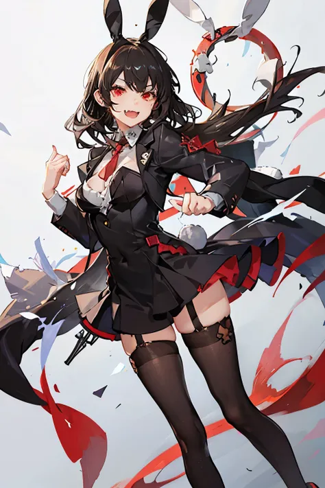 anime girl, bunny ears, short black hair, suit, red eyes, fangs