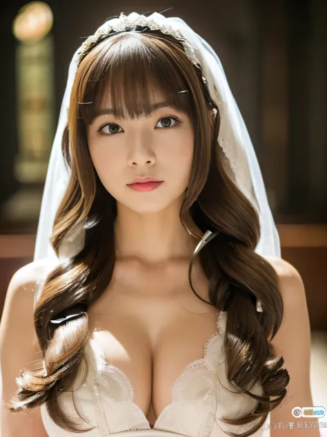 (Well organized full bangs and blunt bangs:1.4)　(Her hairstyle is twin drills:1.6) (She is wearing a pure white shiny voluminous wedding dress.)　(Photo of upper body from waist up)　(JapaneseSoloPhotoshoot&#39;The most beautiful 24 year old woman))　((Her ha...