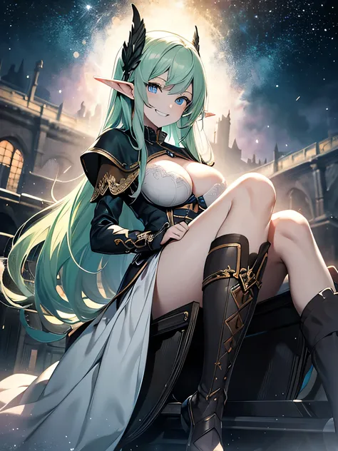 masterpiece,best quality,Beautiful detailed,grin smile,dark atmosphere,pale blue eyes,elf girl,green hair,big breast,beauty hipline,pale white skin,full body,starry night background,[[sitting on horse-drawn carriage,]]