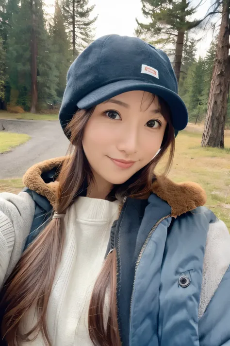 1 woman, ((upper body selfie, happy)), masterpiece, best quality, ultra-detailed, solo, Slender Japanese woman, 30 years old, outdoors, (night), mountains, nature, (stars, moon) cheerful, backpack, sleeping bag, camping stove, water bottle, mountain boots,...