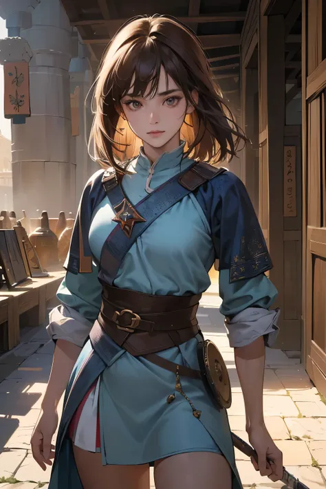 (absurdres, highres, ultra detailed),masterpiece,best quality,high resolution,8k,Realistic face,Realistic skin texture,magnified textures, stunning clarity,ultra detailed anime girl,(medieval central asia:1.3),dark brown hair,gape,have sword,look at viewer...