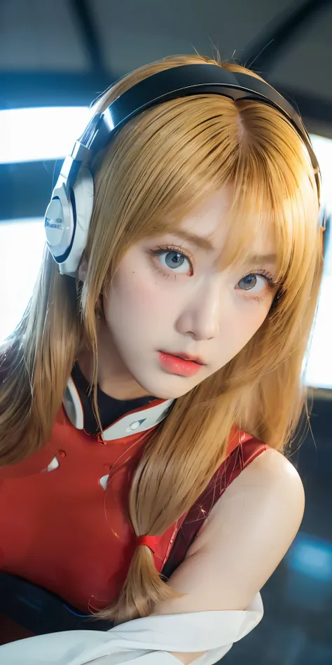 (Overhead view),dynamic angle,ultra-detailed, illustration, close-up, straight on, 1girl, 
 ((souryuu asuka langley, interface headset, red bodysuit:1.4, blonde)),Her eyes shone like dreamy stars,(glowing eyes:1.233),(beautiful and detailed eyes:1.1),(expr...