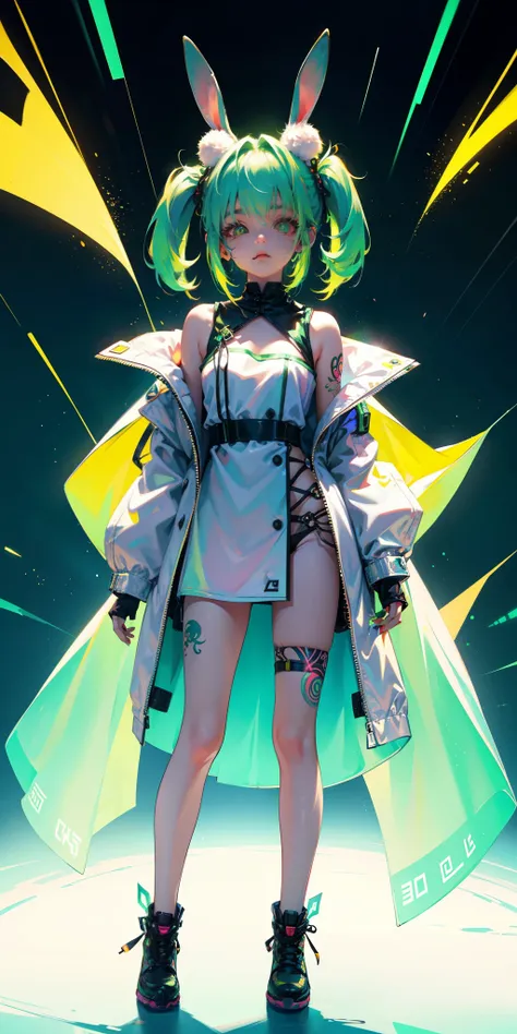 Rabbit technique , Science Fiction, Fluffy , 
1 girl, Tattoo, 发光Tattoo, Glowing eyes, Colorful glowing hair , Full body love, Green Hair,
  Kawaiitech, Soft colors, Kawaii, Lovely colors,