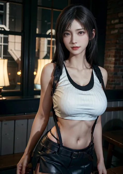 (Realistic: 1.4), highest quality, Very delicate and beautiful, High resolution, One girl, Tifa_Lockhart, smile, Cowboy Shot, suspenders, Low rise, mini skirt, Tank top, Tense shirt, Black Hair, Long Hair, Elbow hand pockets, Beautiful and detailed red eye...