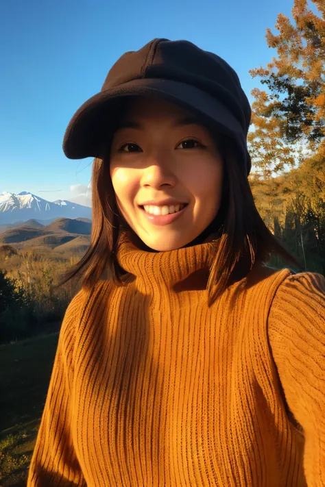 1 woman, ((upper body selfie, happy)), masterpiece, best quality, ultra-detailed, solo, Slender Japanese woman, 30 years old, outdoors, (night), mountains, nature, (stars, moon) cheerful, backpack, sleeping bag, camping stove, water bottle, mountain boots,...