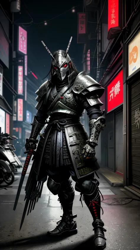 un hombre con armadura parado en una calle de la ciudad por la noche, very beautiful cyberpunk samurai, cyberpunk samurai, neon samurai, portrait of a cyberpunk samurai, samurai urbano, Traje de llama cyberpunk, armadura ciberpunk, Japanese cybernetic samu...