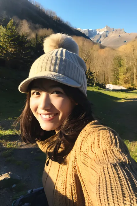 1 woman, ((upper body selfie, happy)), masterpiece, best quality, ultra-detailed, solo, Slender Japanese woman, 30 years old, outdoors, (night), mountains, nature, (stars, moon) cheerful, backpack, sleeping bag, camping stove, water bottle, mountain boots,...