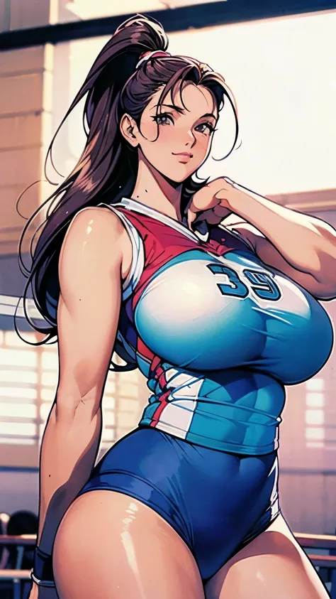 1990s anime cels style, 1990s manga style, best quality, high resolution, curvy body, (gigantic breasts:1.3), Beautiful face, happy, smile, closed mouth, 27 year-old, 1 girl, long hair, ((volleyball player)), ((In the vast gymnasium:1.37)), ((sleeveless vo...