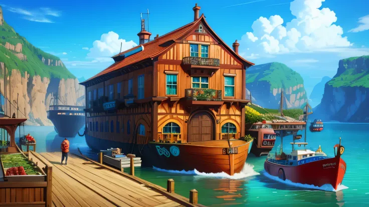 One Piece, a large fishshop at the dock, an immense floating fishshop,