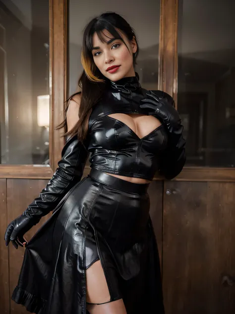 proFessional portrait photograph oF a gorgeous smiling happy soaked Bettie page girl dressed with a large black leather coat,ponytail Black hair, red lipstick,black long maxi-skirt(black long maxi-skirt:1.2),sultry Flirty look, gorgeous symmetrical Face, j...