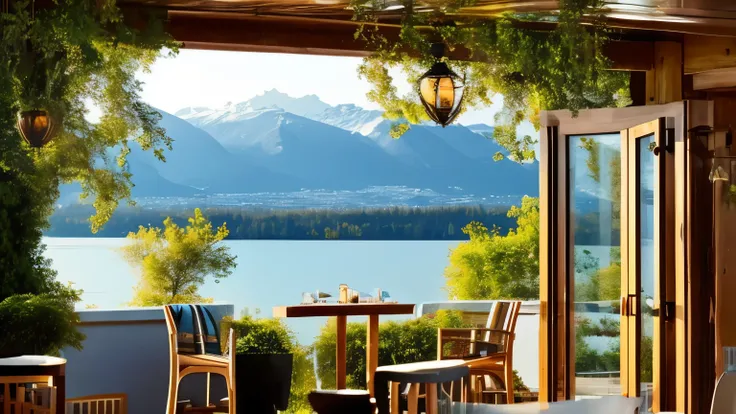 cheminée dans un restaurant chaleureux avec vue sur un lac, cadre hivernal, ambiance chaleureuse et paisible, ambiance chaleureuse, beautiful warm scene, pleasant ambiance chaleureuse, cadre cosy, Endroit confortable, Beautiful, detailed scene, environneme...