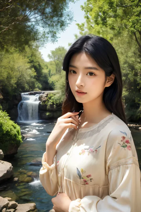 (masterpiece, high-level image quality, high quality), (Mystical scene:1.5, Nature; hymn of:1.4, natural mountain of wood, mountain stream), Japanese woman, modeled, Good looks, Perfect, detailed face, detailed eyes, sad, Black hair swaying in the wind, tr...